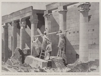 Bevarandet av ruinerna vid Philae från vattnet i Assouan-reservoaren, förberedelser för underbyggnaden